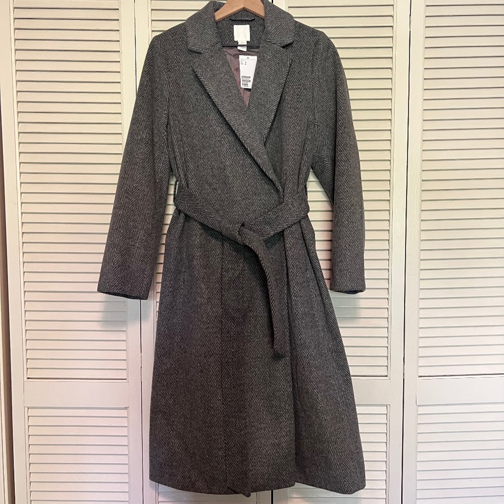 H&M Grey Herringbone Wrap Coat Size Medium